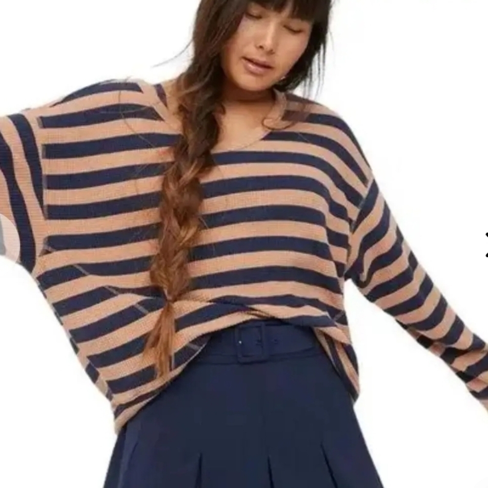 Aerie Navy and Tan Striped  Sweater